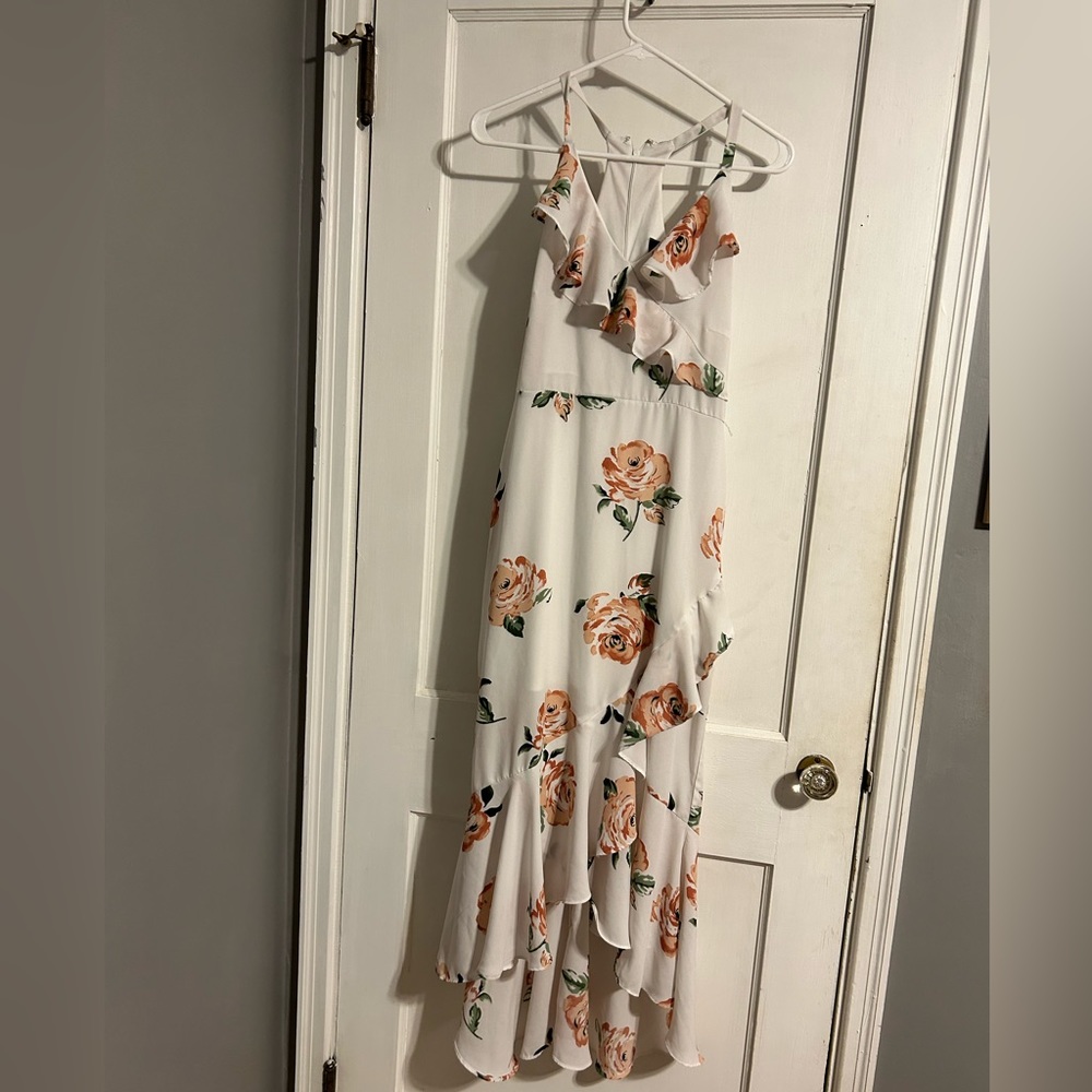Hi-low ruffle dress white/pink flowers
